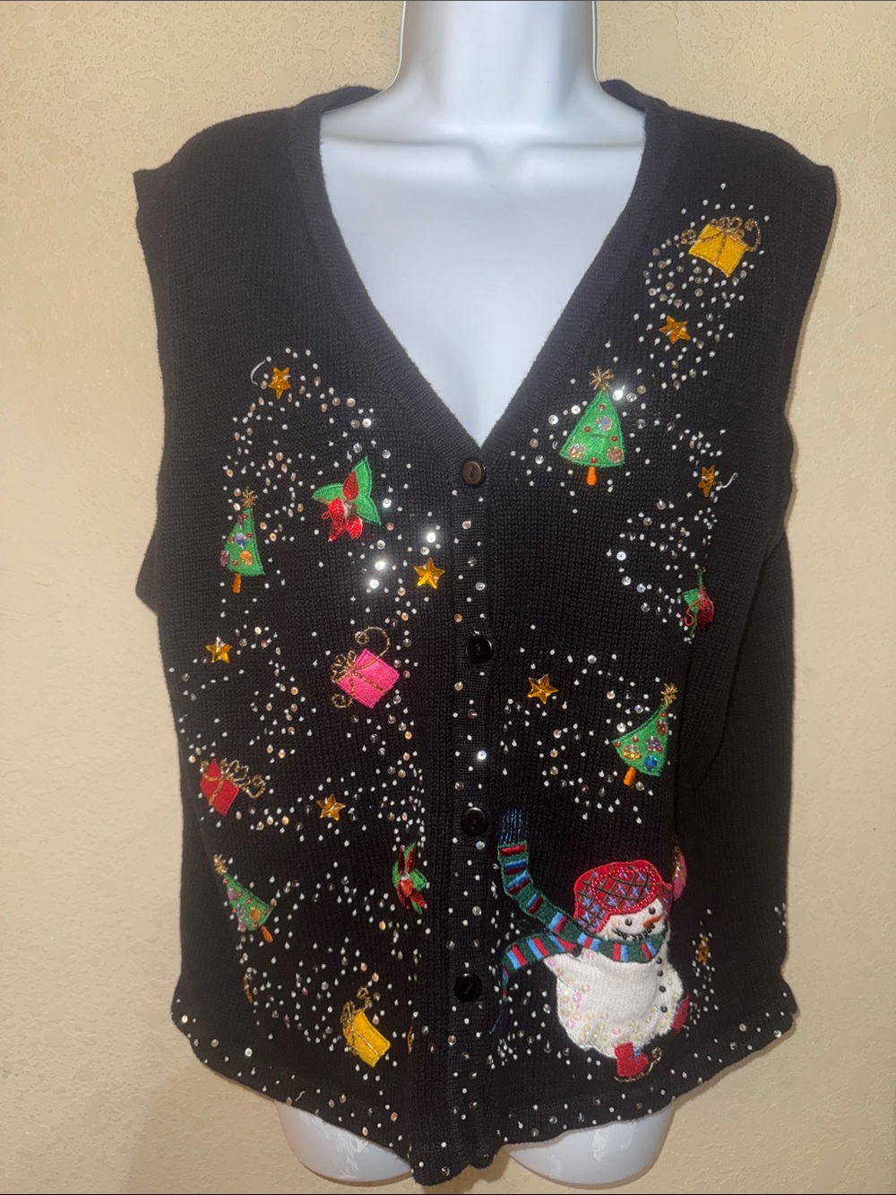 Kim Rogers vintage Black Embellished Holiday Sweater Vest with Snowman Motif